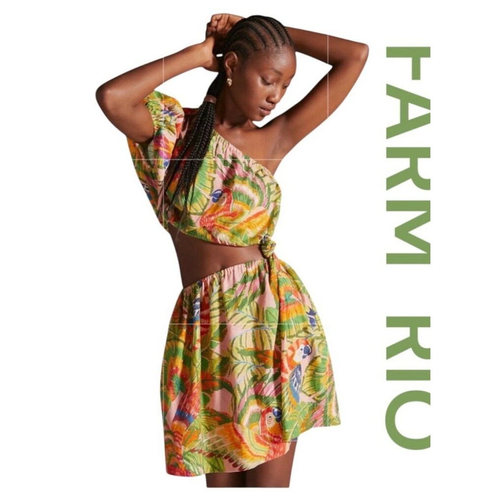 Farm Rio Macaw Leaves Mini Dress Cutout Waist Linen Blend One shoulder Size S
